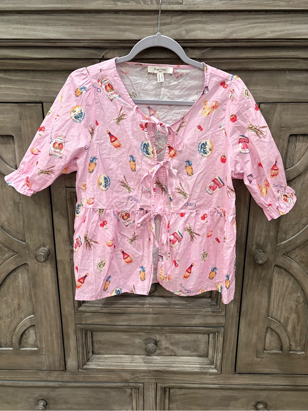 EUC Women’s HAVER & BLAIR LONDON Pink Fruit & Beverage Print Tie Top (Small)